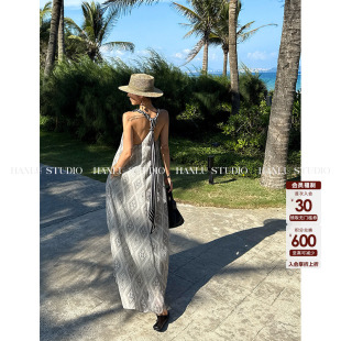 茶绿色印花料中长款 复古法式 宽松连衣裙 studio小众设计夏季 HanLu