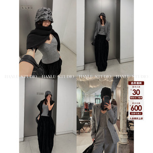 HanLu studio品牌小众时髦精立裁收腰酷辣灰色毛呢羊毛吊带上衣冬