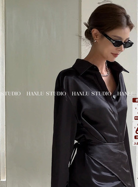HanLu studio上衣百搭系带街头风黑色慵懒风不规则法式时尚套装