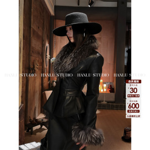 HANLU STUDIO品牌原创立裁收腰皮衣羽绒服拼接皮草狐狸毛领外套黑