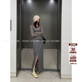 HanLu studio品牌原创小众立裁拼接手工毛边须羊毛前开叉半身裙灰