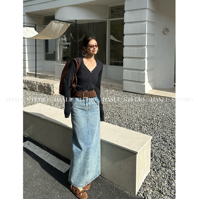 HanLu studio原创小众新疆棉高腰撞色明线直筒半身牛仔裙