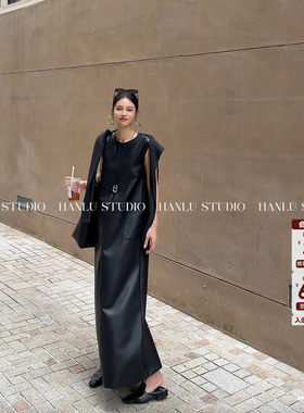 HanLu studio高货线·极简轻解构设计直筒宽松皮裙黑色无袖连衣裙