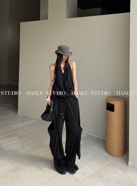 HanLu studio品牌小众时髦精酷飒大口袋可拆卸黑色休闲宽松直筒裤