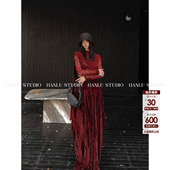 HANLU STUDIO品牌暗黑先锋立裁解构茧型暗红色长款 丝绒垂感半身裙