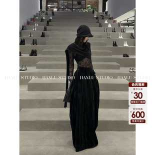 HanLu 丝绒垂感半身裙秋 studio小众原创精裁解构设计竖条黑色长款