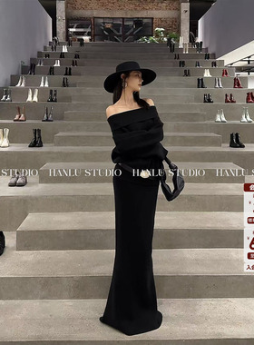 HanLu studio原创姐感抹胸连衣裙紧身收腰黑色毛织半身长裙鱼尾裙
