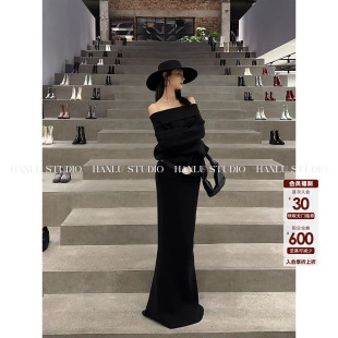 HanLu studio原创姐感抹胸连衣裙紧身收腰黑色毛织半身长裙鱼尾裙