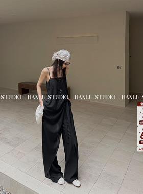HanLu studio品牌小众解构立裁腰封长裤不规则设计亚麻黑色直筒裤