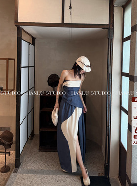 HanLu studio品牌原创小众解构不规则茧型撞色拼接蓝色花苞裙半裙