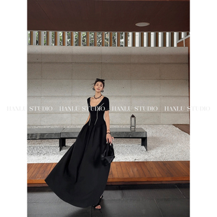 HANLU 连衣裙精裁明线设计弹力收腰显瘦莱赛尔棉感长裙 STUDIO短袖