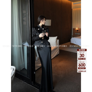 HANLU 鱼尾半身裙黑 STUDIO100醋酸原创极简松紧腰斜裁垂感修身