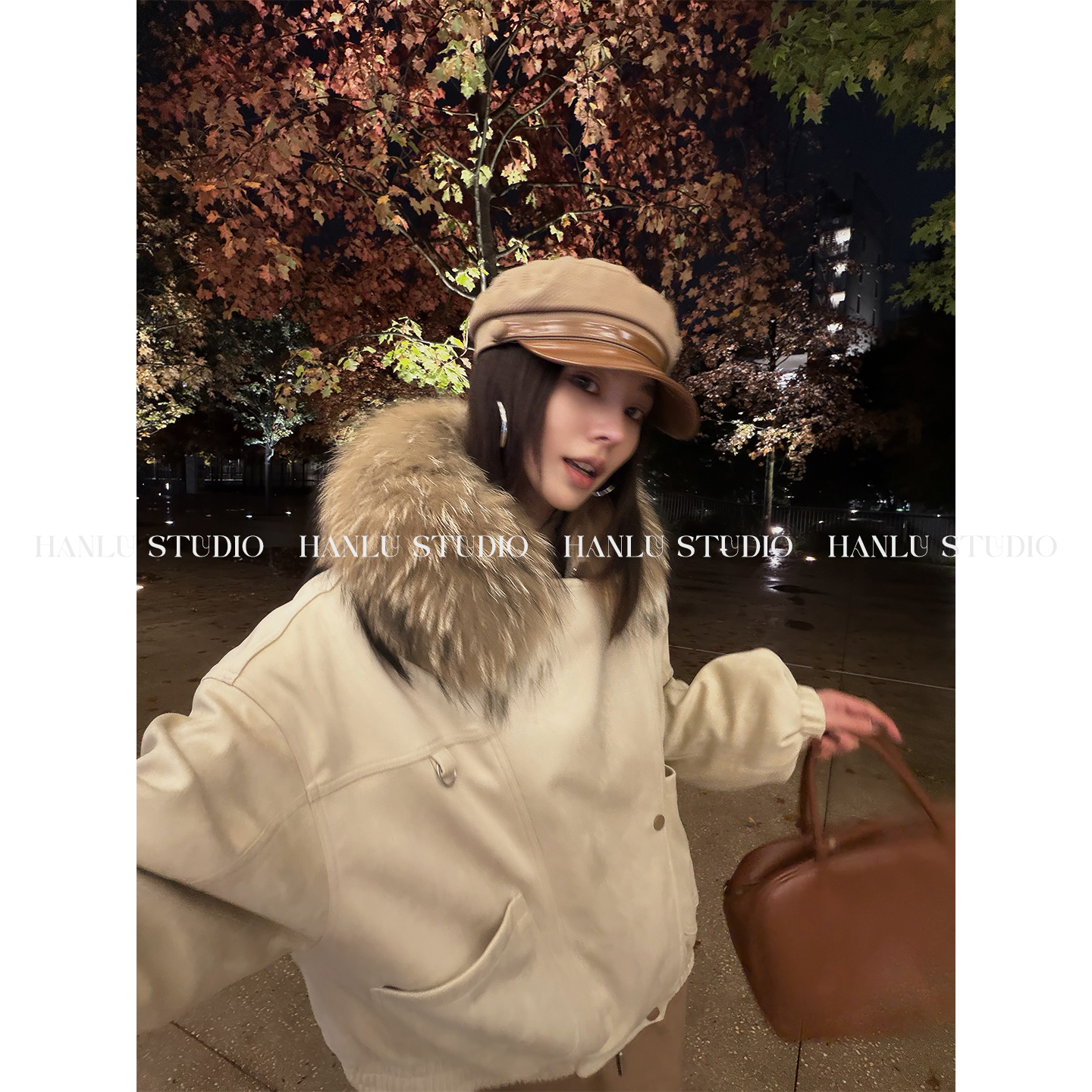 HanLu studio品牌原创小众拼接貉子毛阔版90白鸭绒麂皮绒羽绒服