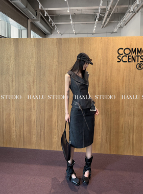 HanLu studio品牌小众原创牛仔半裙立裁高腰时髦洋气烟灰色五分裙