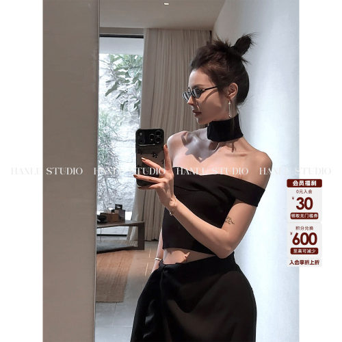 HanLu studio品牌小众设计百搭黑色抹胸解构设计简约脖套无袖上衣