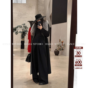 HANLU STUDIO解构设计精裁腰头线条绵羊毛山羊绒宽松直筒高腰裤黑