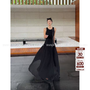 HanLu studio小众极简静奢风醋酸拼接优雅大气黑色连衣裙