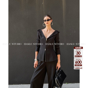 拉链黑色羊毛外套秋 v领立裁收腰长袖 HanLu studio高货线原创法式