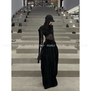 HanLu 丝绒垂感半身裙秋 studio小众原创精裁解构设计竖条黑色长款