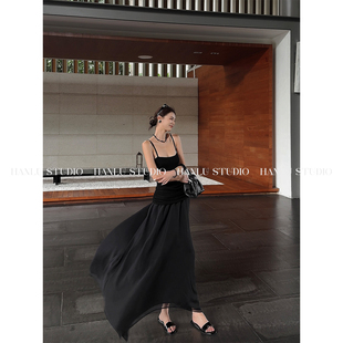 HANLU 原创小众拼接双层柔纱不规则裙摆吊带连衣裙黑 STUDIO品牌