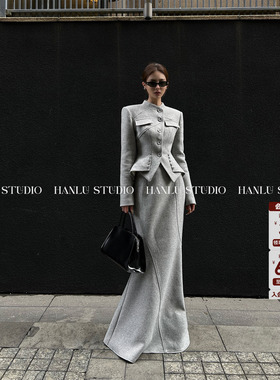HanLu studio品牌线·原创小众高ji灰色精裁立体羊毛鱼尾半身裙冬
