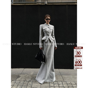 HanLu studio品牌线·原创小众高ji灰色精裁立体羊毛鱼尾半身裙冬