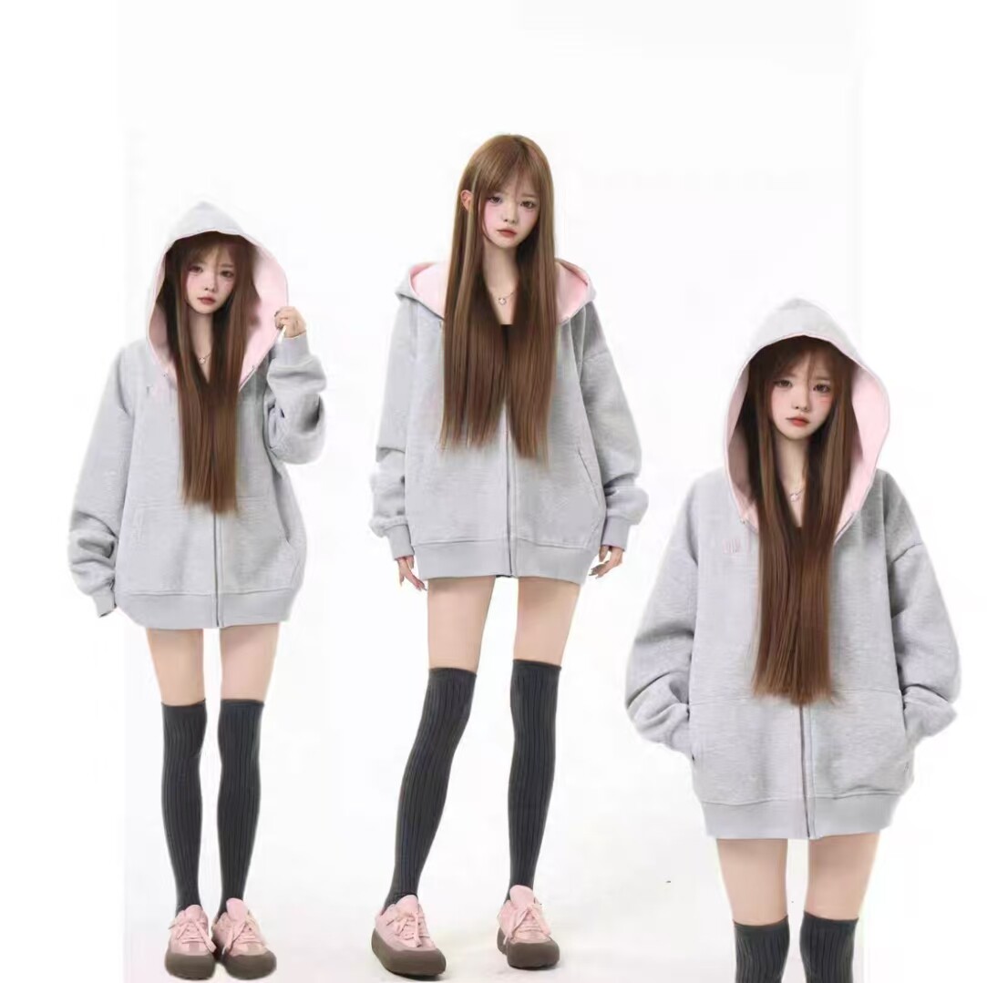 漂亮炮灰 美式纯色拼接连帽卫衣秋冬宽松休闲拉链男女开衫外套