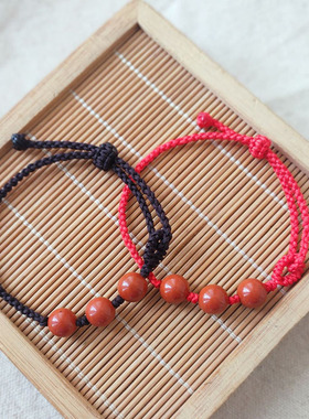 本命年红竹石红绳手绳可调节链文艺简约礼物情侣