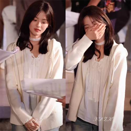 2025今天是太阳雨杨超越郑雨同款白色系带衬衫连帽针织开衫毛衣外