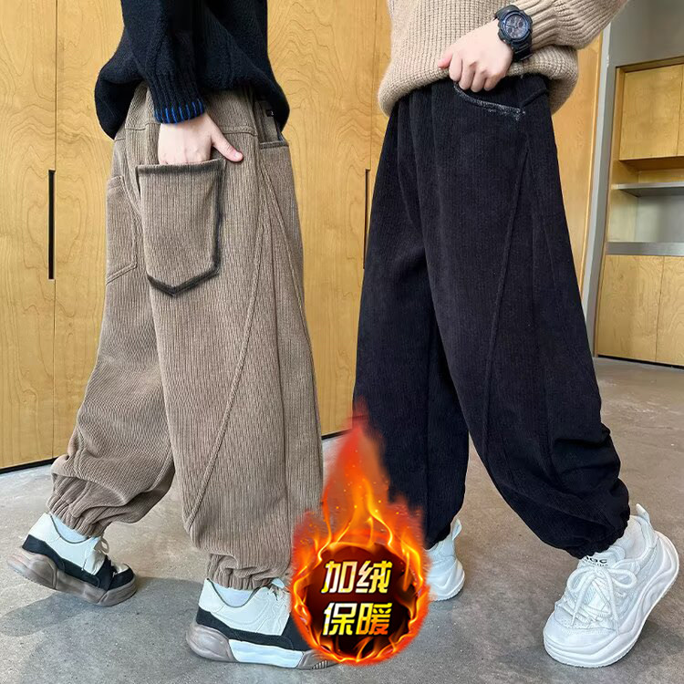 男童裤子加绒秋冬款中大儿童灯芯绒休闲裤男孩冬季一体绒保暖卫裤