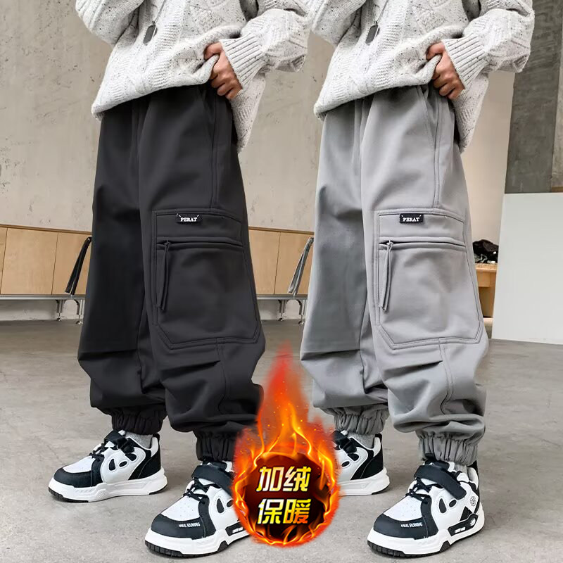 男童加绒工装裤秋冬款2025新儿童冬季裤子男孩中大童一体绒运动裤