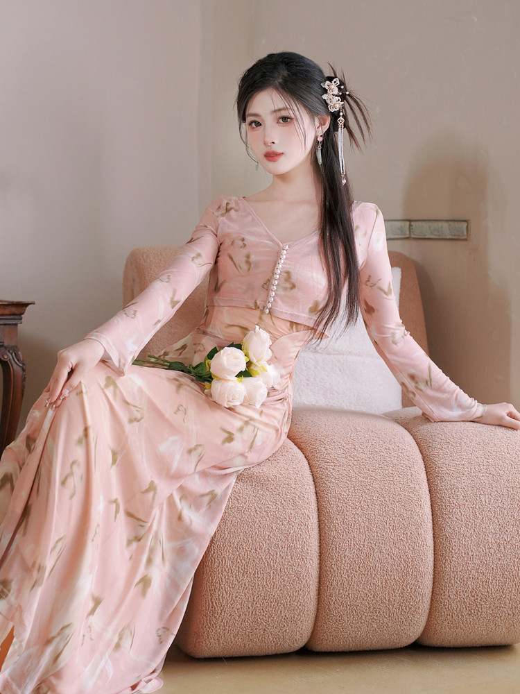 원래 디자인 틈새 새로운 중국 스타일 복고풍 인쇄 메쉬 드레스 + 쉬폰 태양 보호 카디건 정장