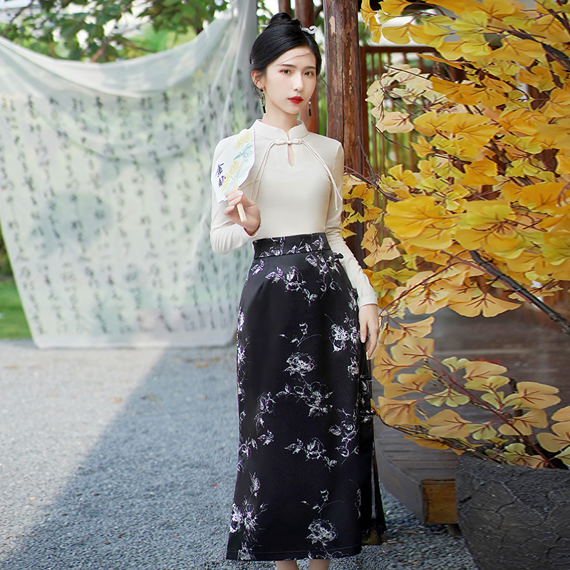 原创设计感小众女装2023秋冬季新中式国风印花改良连衣裙三件套装