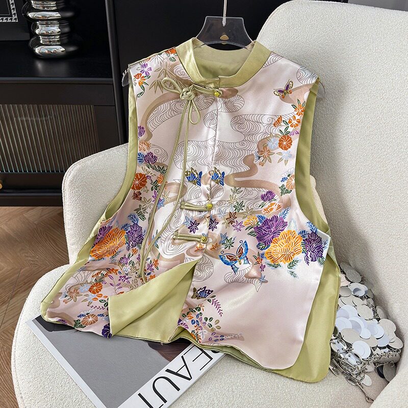 NEW CHINESE WOMENS JACKET 2024 SPRING AND SUMMER NATIONAL STYLE RETRO PRINT DISC BUCKLE TANG DRESS VEST NATIONAL FASHION CHIC TOP