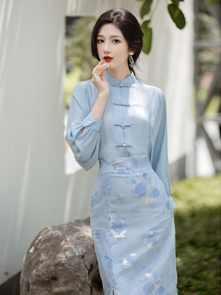 春秋款新中式文艺复古盘扣旗袍上衣包臀显瘦半身裙中国风两件套装