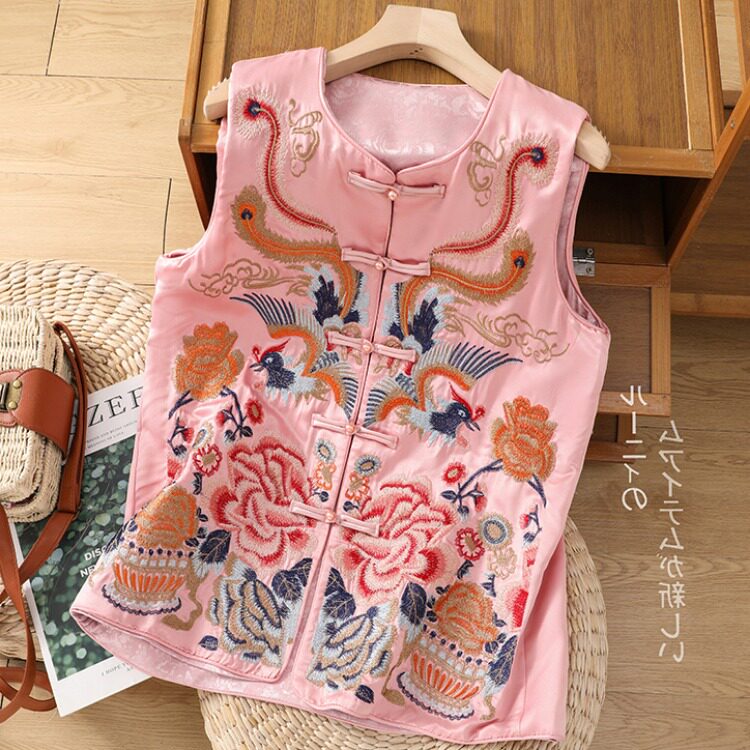 ETHNIC STYLE WOMENS CLOTHING 2024 SPRING AND AUTUMN NEW CHINESE STYLE RETRO ACETATE HEAVY INDUSTRY EMBROIDERED VEST TANG SHORT COAT