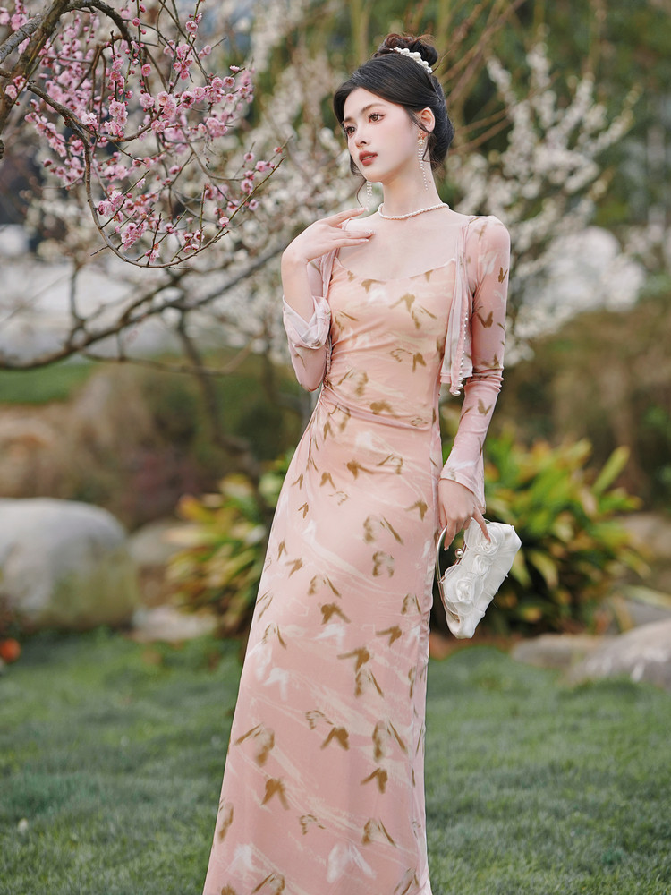 원래 디자인 틈새 새로운 중국 스타일 복고풍 인쇄 메쉬 드레스 + 쉬폰 태양 보호 카디건 정장