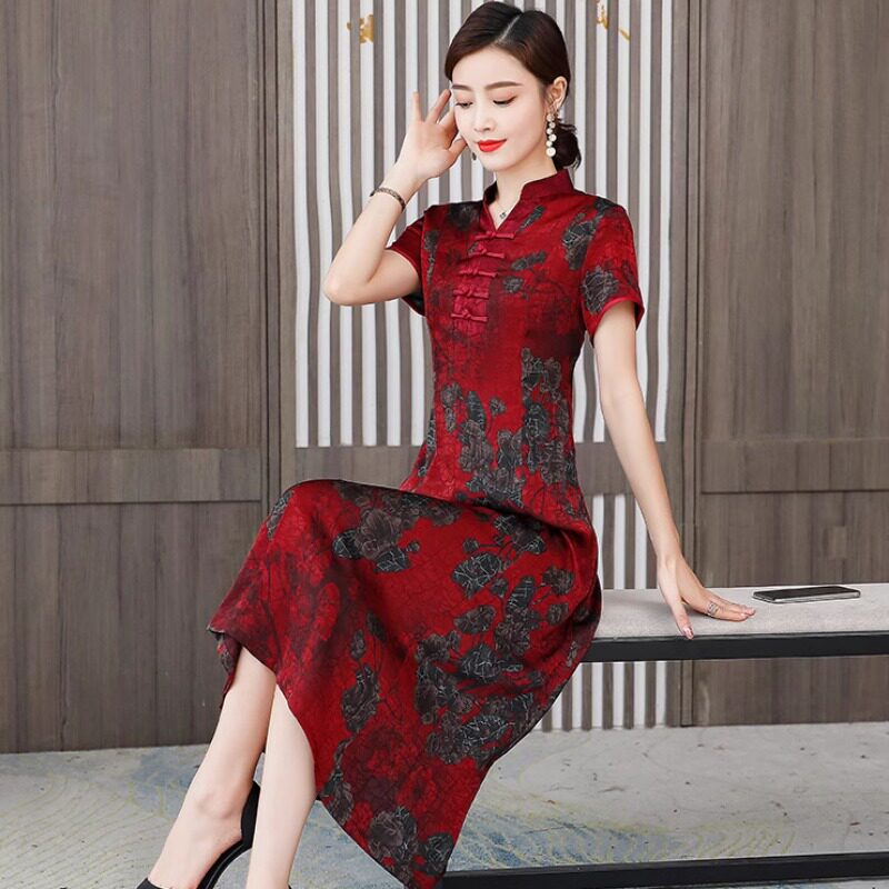 中老年妈妈装香云纱真丝旗袍2024新款中国风复古改良桑蚕丝连衣裙