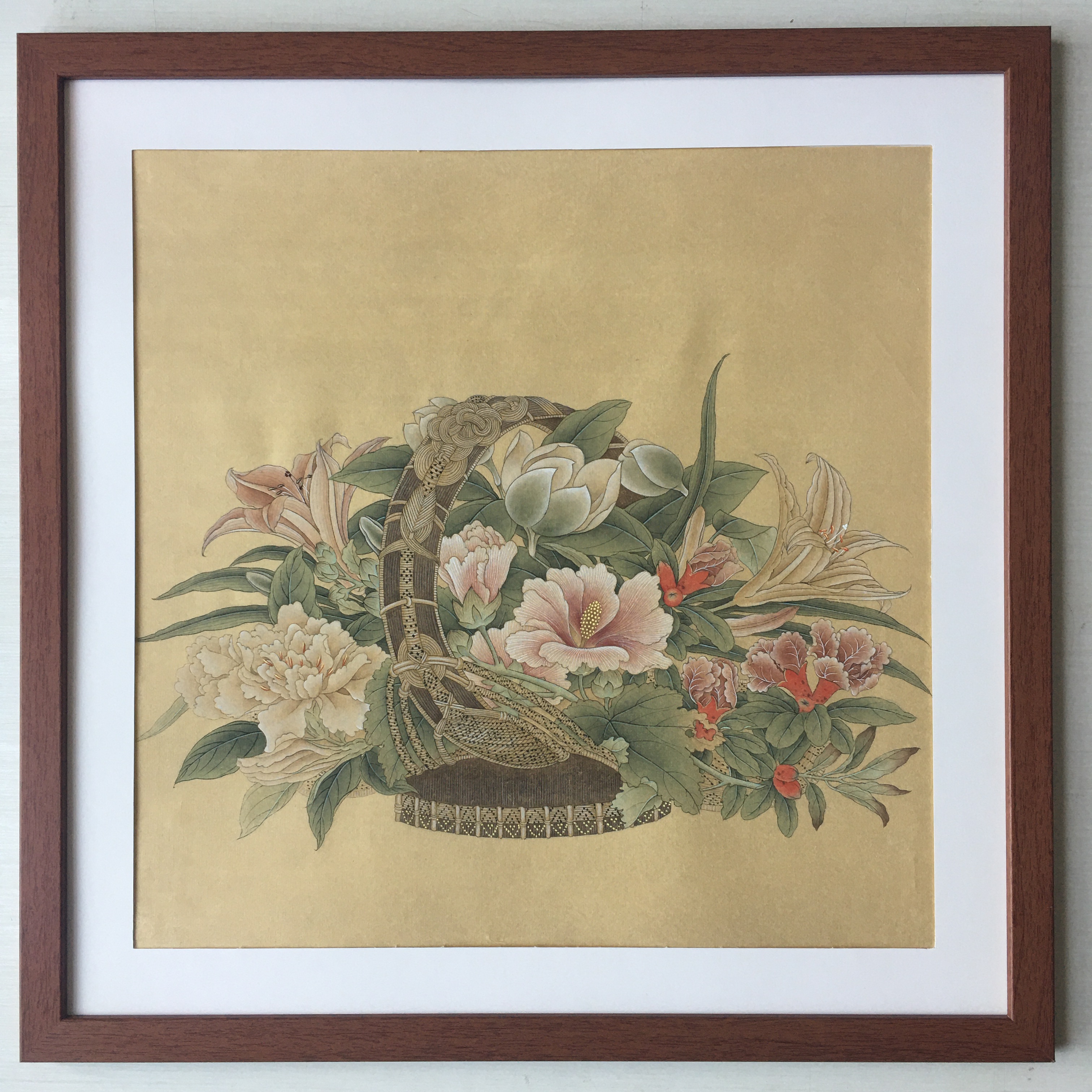 纯手绘工笔画花篮图精品中国画成品仿古熟宣送客厅