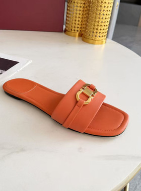 真皮方头金属扣一字拖女平底防滑凉拖鞋女款2026新款法式橙色女鞋