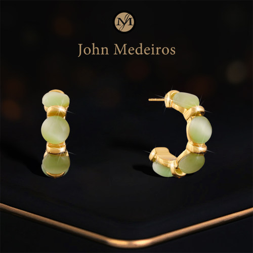 意大利john medeiros青绿猫眼石C形耳钉高级感轻奢女独特领针耳环