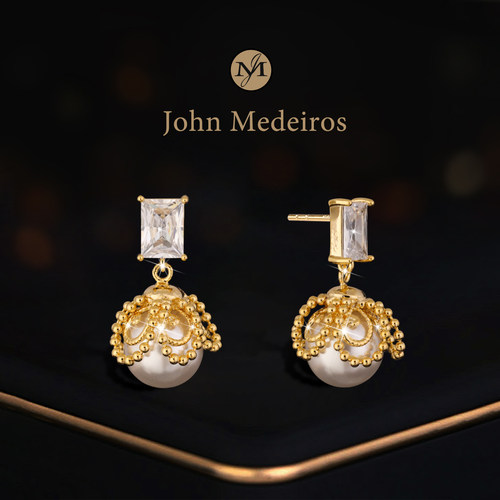 意大利john medeiro方钻金属守护珍珠耳钉高级感轻奢女款领针耳环