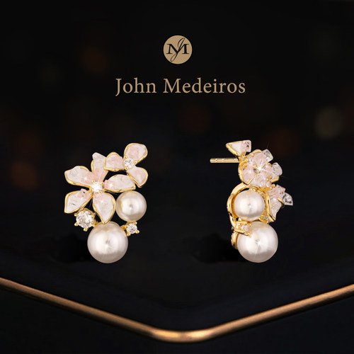 意大利john medeiros粉韵花簇珐琅珍珠耳钉高级感轻奢女领针耳环