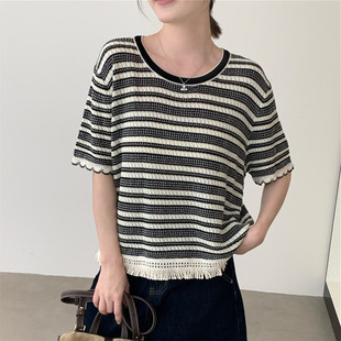 轻奢风天丝棉条纹流苏短袖针织衫女夏季新款圆领薄款宽松显瘦上衣
