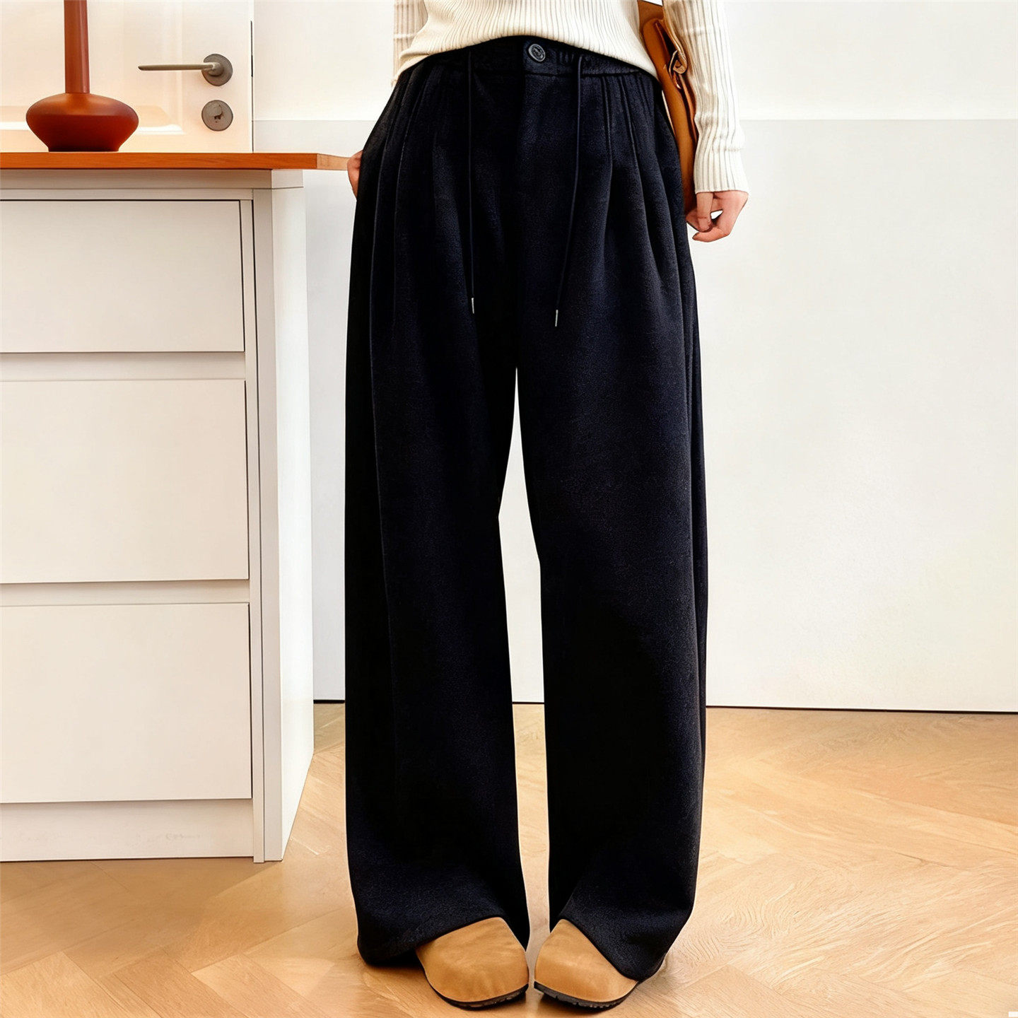 韩版高腰抽绳加厚羊绒休闲裤女2025冬季新款宽松显瘦百搭阔腿裤潮,女装/女士精品,休闲裤,淘宝优惠券,粉丝福利购,淘宝优惠卷