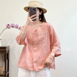 新款 韓版 苧麻刺繡襯衫 女2025夏季 文藝寬松顯瘦百搭減齡襯衣上衣潮