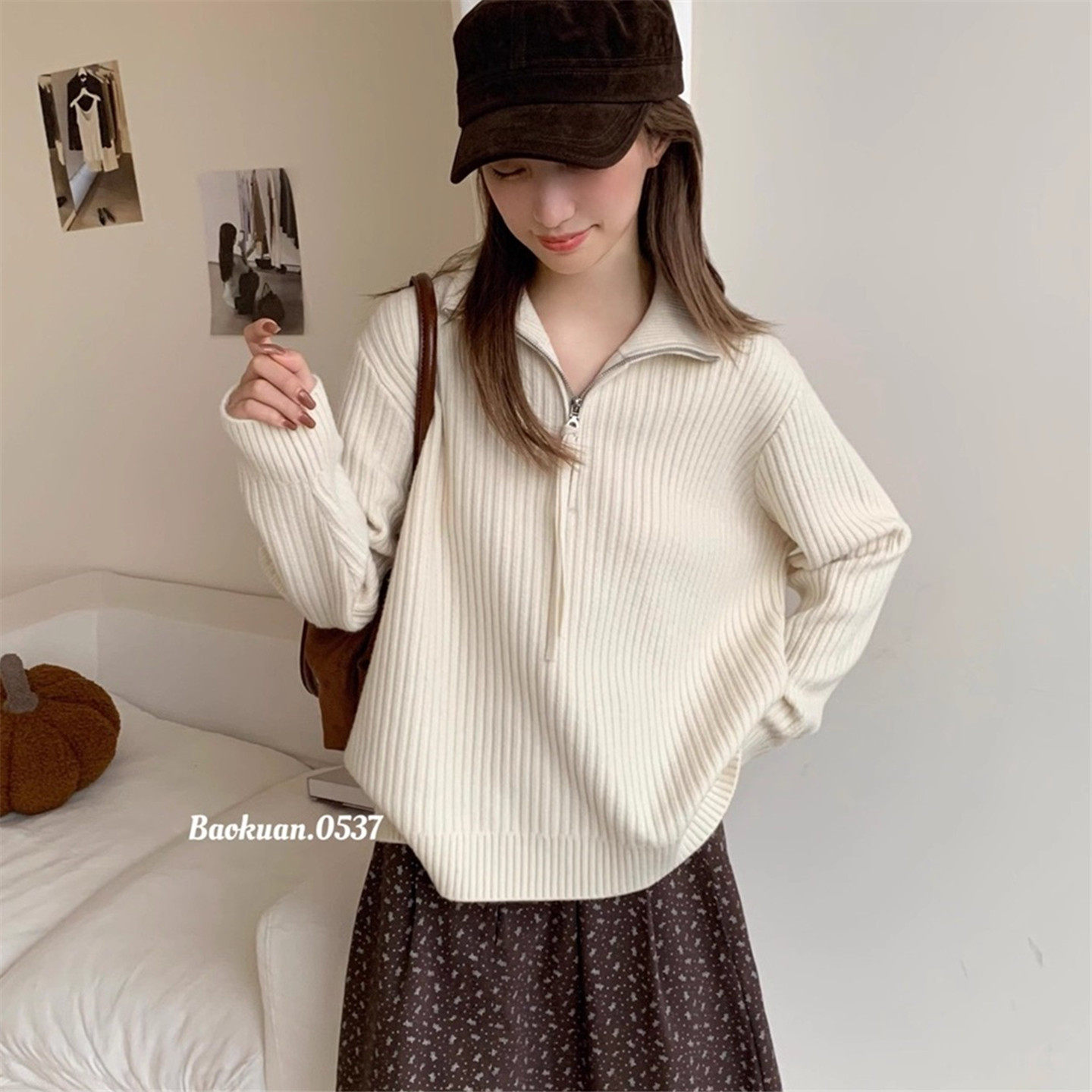 韩版宽松立领半拉链坑条针织衫女2025冬季新款百搭显瘦保暖毛衣潮