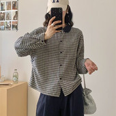 新款 复古文艺纯棉格子衬衫 女2025冬季 宽松娃娃领百搭格纹减龄衬衣