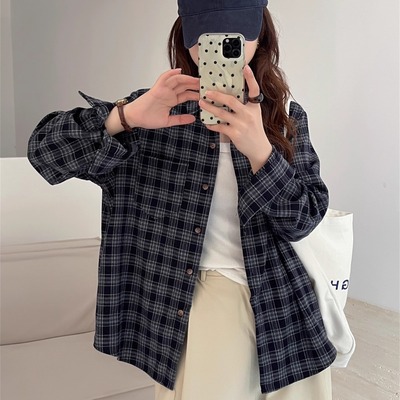 韩版磨毛格子衬衫女宽松显瘦衬衣
