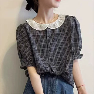 减龄显瘦温柔小众纯棉短袖 法式 新款 女2025夏季 娃娃领衬衣 格子衬衫